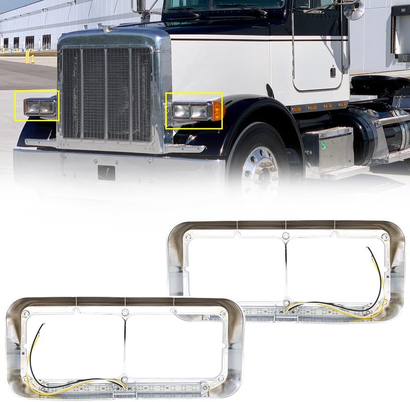 LEAVAN Dual Rectangular 2X for 4x6 Light Headlight Bezel with 12" Amber LED Light Strip for Kenworth T400 T600 T800 W900B W900L Peterbilt 378 379 Western Star 4900 Trucks (Clear Lens/White LED) - Image 4